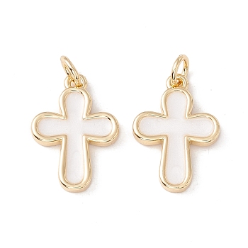 Enamel Pendants, with Real 18K Gold Plated Brass Findings and Jump Ring, Lead Free & Cadmium Free, Cross, White, 18x13x2mm, Jump Ring: 5x0.8mm, 3.4mm Inner Diameter.