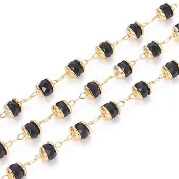 Handmade Glass Beaded Chains, with Brass Findings, Long-Lasting Plated, Rondelle, Faceted, Soldered, Golden, Black, 4mm, about 32.8 Feet(10m)/roll