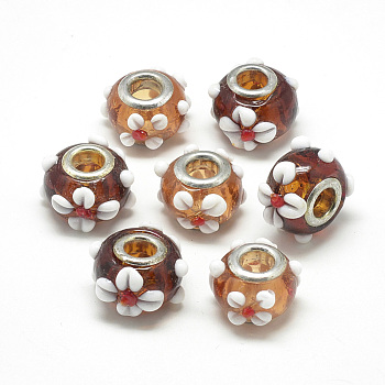 Handmade Lampwork European Beads, Bumpy Lampwork, with Platinum Brass Double Cores, Large Hole Beads, Rondelle with Flower, Coconut Brown, 16x14x10.5mm, Hole: 5mm
