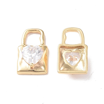 Brass Pendants, with Glass, Padlock with Heart Charm, Real 18K Gold Plated, Clear, 16x10x5mm, Hole: 5x5mm