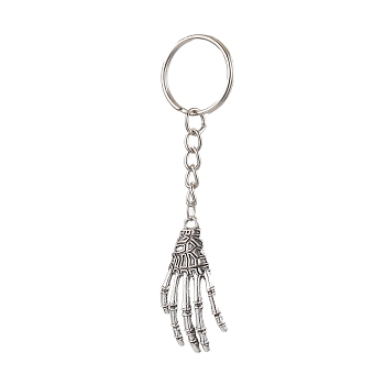 Halloween Themed Skull Hand Alloy Keychain, with Iron Split Key Rings, Antique Silver & Platinum, 9.5cm