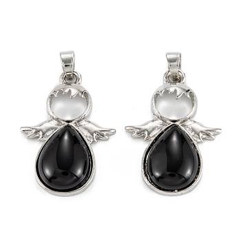 Synthetic Black Stone Pendants, with Platinum Tone Alloy Findings, Angel, 35x24.5x6mm, Hole: 6x5mm