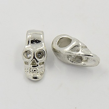 Alloy European Style Beads, for Halloween, with Rhinestone, Platinum Metal Color, Skull, Clear, 16x9.4x8.2mm, Hole: 4mm
