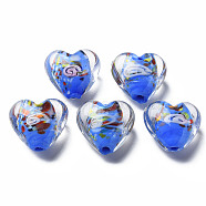 Handmade Lampwork Beads, with Inner Flower, Heart, Royal Blue, 15x15~16x9mm, Hole: 1.2mm(LAMP-T011-04C)