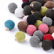 Handmade Cloth Fabric Covered Charms, Round, with Brass Findings, Golden, Mixed Color, 16~17x14.5~15mm, Hole: 1.5mm(X-WOVE-S079-14mm-M1)
