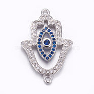 Brass Micro Pave Cubic Zirconia Links, Long-Lasting Plated, Lead Free & Cadmium Free, Hamsa Hand with Eye, Platinum, 26x17x3mm, Hole: 0.8mm(ZIRC-F082-01P-RS)