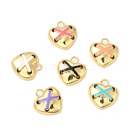Brass Enamel Charms, Cadmium Free & Lead Free, Golden, Heart with Cross Charm, Mixed Color, 16.5x15.5x5.5mm, Hole: 3mm(KK-P230-07G)