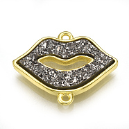 Electroplate Druzy Resin Links connectors, with Brass Findings, Lip, Golden, Gray, 16.5x20.5x3.5mm, Hole: 1.2mm(RESI-S363-01B)