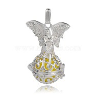 Silver Color Plated Brass Hollow Round Cage Pendants, with No Hole Spray Painted Brass Beads, Champagne Yellow, 43x31x20mm, Hole: 3x8mm(KK-J250-15S)