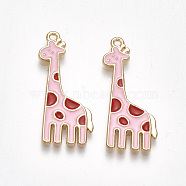 Alloy Pendants, Cadmium Free & Lead Free, with Enamel, Giraffe, Light Gold, Pink, 32x14x2mm, Hole: 1mm(ENAM-S115-106B)