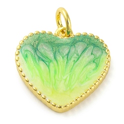 Brass Enamel Pendants, with Glitter and Jump Ring, Long-Lasting Plated, Real 18K Gold Plated, Heart Charm, Pale Green, 15x15x3mm, Hole: 3.5mm(KK-S401-17G-E)