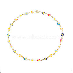 Enamel Flower Link Chains Necklace, Golden Plated 201 Stainless Steel Jewelry for Women, Colorful, 14.37 inch(36.5cm)(NJEW-N049-01)