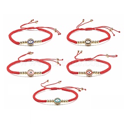 Round with Evil Eye Braided Bead Bracelet for Girl Women, Brass Micro Pave Cubic Zirconia Beads Bracelet, Golden, Mixed Color, Inner Diameter: 2-3/8~4.13 inch(6~10.5cm)(BJEW-JB06974)