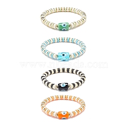 4Pcs 4 Color Handmade Evil Eye Lampwork Column Beaded Stretch Bracelets Set, Polymer Clay Heishi Surfer Preppy Bracelets for Woman, Mixed Color, Inner Diameter: 2-1/8 inch(5.5cm), 1Pc/color(BJEW-JB08904)