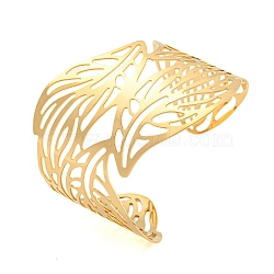 Ion Plating(IP) 304 Stainless Steel Hollow Open Cuff Bangles, Leaf, Real 18K Gold Plated, Inner Diameter: 2-1/2 inch(6.5cm), 47mm(BJEW-S151-01G-07)