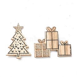 Christmas Theme Wood Pendant Decorations, with Self Adhesive Dots, Gift Boxes & Tree, BurlyWood, 36.5~44x30.5~44x4mm, 16pcs/box(HJEW-P010-10)