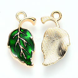 Alloy Enamel Pendants, Leaf, Light Gold, Green, 20x10x2mm, Hole: 1.6mm(X-ENAM-S121-022B)
