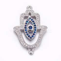 Brass Micro Pave Cubic Zirconia Links, Long-Lasting Plated, Lead Free & Cadmium Free, Hamsa Hand with Eye, Platinum, 26x17x3mm, Hole: 0.8mm(ZIRC-F082-01P-RS)