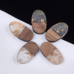 Resin & Walnut Wood Pendants, with Gold Foil, Oval, Gold, 27.5x15x3.5~4.5mm, Hole: 1.8mm(RESI-S358-93A)