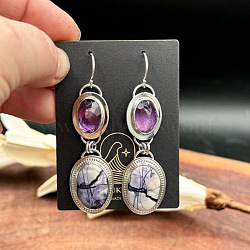 Alloy Enamel Dangle Earrings, with Glass, Antique Silver, Oval, 55mm(FS-WG6E131-02)