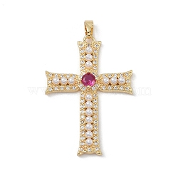 Rack Plating Brass Pendant, with Cubic Zirconia and Imitation Pearl, Lead Free & Cadmium Free, Long-Lasting Plated, Cross, Real 18K Gold Plated, 36x25x4.5mm, Hole: 5x3mm(KK-H476-04G)