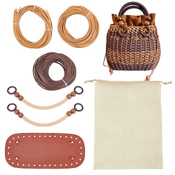 DIY Women's Plastic Rattan Woven Handbag Set, including Imitation Rattan Cord, Drawstring Bag Liner, Crochet Bag Base, Wood Bead Purse Handle, Peru, 20~44.7x8.9~34.3x0.1~0.95cm