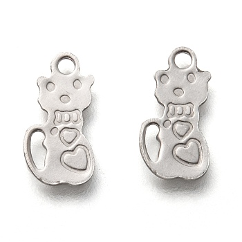 201 Stainless Steel Charms, Laser Cut, Cat Shape, Stainless Steel Color, 12x6x0.6mm, Hole: 1.4mm