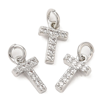 Brass Micro Pave Grade AAA Cubic Zirconia Charms, Letter T, Cadmium Free & Nickel Free & Lead Free, Real Platinum Plated, 9x6x1.5mm, Hole: 2mm