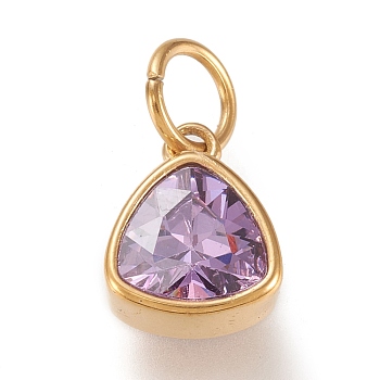 Vacuum Plating 304 Stainless Steel Cubic Zirconia Pendant, Triangle, Golden, Plum, 12.5x9.5x5mm, Hole: 5mm