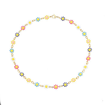 Enamel Flower Link Chains Necklace, Golden Plated 201 Stainless Steel Jewelry for Women, Colorful, 14.37 inch(36.5cm)