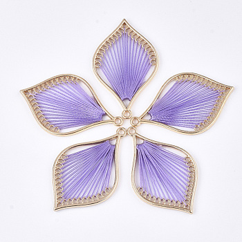 Cotton Thread Woven Pendants, with Alloy Findings, Leaf, Golden, Lilac, 43x26.5x2mm, Hole: 1.8mm