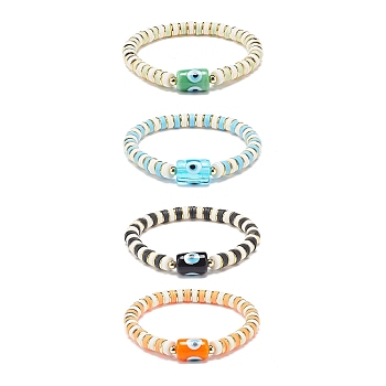 4Pcs 4 Color Handmade Evil Eye Lampwork Column Beaded Stretch Bracelets Set, Polymer Clay Heishi Surfer Preppy Bracelets for Woman, Mixed Color, Inner Diameter: 2-1/8 inch(5.5cm), 1Pc/color