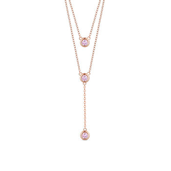 SHEGRACE 925 Sterling Silver Two-Tiered Necklaces, with Three Round Pink AAA Cubic Zirconia Pendant, Rose Gold, 14.96 inch~16.54 inch(38~42cm)