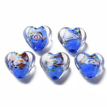 Handmade Lampwork Beads, with Inner Flower, Heart, Royal Blue, 15x15~16x9mm, Hole: 1.2mm
