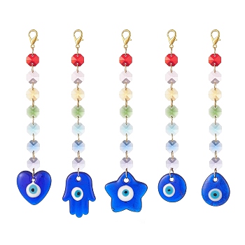 Handmade Evil Eye Lampwork Pendants Decorations, Octagon Glass Beaded Suncatchers, 304 Stainless Steel Lobster Claw Clasp Charms, Heart/Hamsa Hand/Teardrop, Mixed Color, 182~202mm