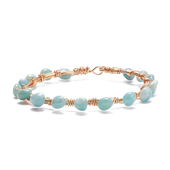 Natural Amazonite Braided Beaded Bracelet, Copper Wire Wrap Gemstone Jewelry for Women, Light Gold, 8-1/8 inch(20.6cm)