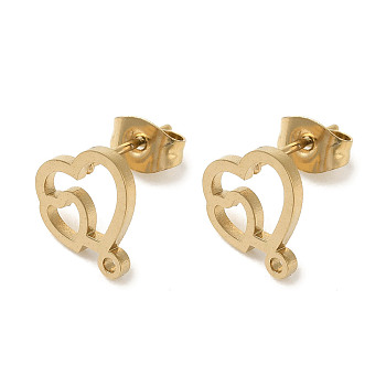 Ion Plating(IP) 304 Stainless Steel Stud Earring Findings, Heart, Golden, 10.5x9mm, Hole: 1.2mm, Pin: 0.7x11mm