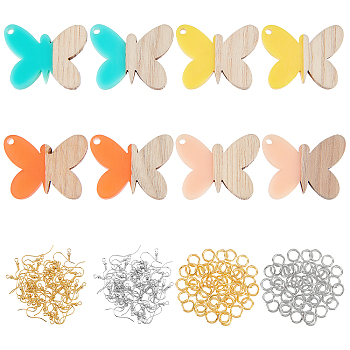 Olycraft DIY Dangle Butterfly Earring Making Kits, 1 Box 8Pcs Resin & Walnut Wood Pendants, 40Pcs Iron Earring Hooks, 80Pcs Jump Rings, Mixed Color, 21.5x27.5x3mm, Hole: 1.8mm, 4 style, 2pcs/style, 8pcs