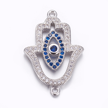 Brass Micro Pave Cubic Zirconia Links, Long-Lasting Plated, Lead Free & Cadmium Free, Hamsa Hand with Eye, Platinum, 26x17x3mm, Hole: 0.8mm