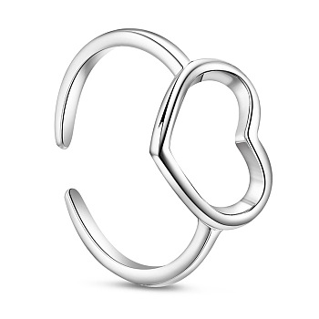 SHEGRACE Simple Design Rhodium Plated 925 Sterling Silver Cuff Rings, Open Rings, with Hollow Heart, Platinum, Size 7, 17mm