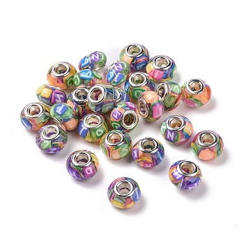 Transparent Resin European Rondelle Beads, Large Hole Beads, with Letter Polymer Clay and Platinum Tone Alloy Double Cores, Colorful, 14x8.5mm, Hole: 5mm