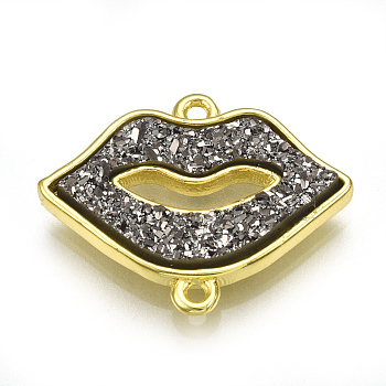 Electroplate Druzy Resin Links connectors, with Brass Findings, Lip, Golden, Gray, 16.5x20.5x3.5mm, Hole: 1.2mm