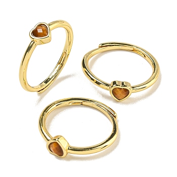 Heart Natural Tiger Eye Adjustable Rings, Brass Ring for Women, Long-Lasting Plated, Lead Free & Cadmium Free, Golden, Inner Diameter: 18mm