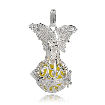 Silver Color Plated Brass Hollow Round Cage Pendants, with No Hole Spray Painted Brass Beads, Champagne Yellow, 43x31x20mm, Hole: 3x8mm