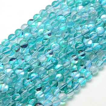 Synthetic Moonstone Beads Strands, Dyed, Holographic Beads, Half AB Color Plated, Round, Turquoise, 6mm, Hole: 1mm, about 64pcs/strand, 15 inch