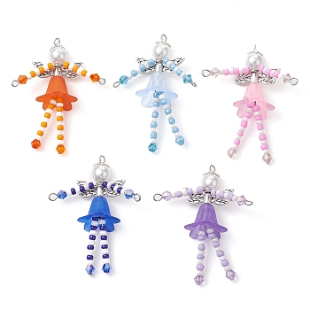 Glass Seed & Acrylic Pearl Beaded Big Pendants, with Alloy Fairy Wing & 304 Stainless Steel Findings, Angel Charms, Mixed Color, 52x40x18mm, Hole: 1.6mm