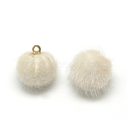 Faux Mink Fur Covered Charms, with Golden Tone Brass Findings, Round, Floral White, 21x18~19mm, Hole: 2mm(WOVE-S084-38H)