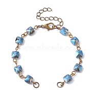 Square Faceted Glass Beaded Link Chain Bracelet Making, with Lobster Claw Clasp, Fit for Connector Charms, Dodger Blue, 6-1/4~6-3/8 inch(15.8~16.2cm)(AJEW-JB01150-48)