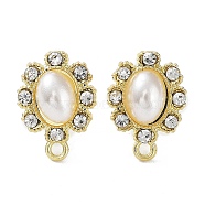 Rack Plating Alloy Rhinestone Stud Earring Finds, with ABS Plastic Imitation Pearl, with Horizontal Loop, Oval, Golden, 16x12mm, Hole: 1.6mm, Pin: 0.7mm(PALLOY-Q458-12G)