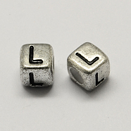 Antique Silver Plated Large Hole Acrylic Letter European Beads, Horizontal Hole, Cube with Letter.L, 6x6x6mm, Hole: 4mm, about 2950pcs/500g(PACR-Q099-01L)